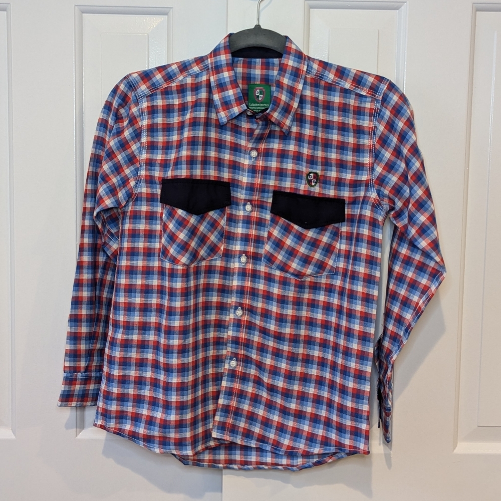 NWT Boy dress shirt small plaid blue red collard button down long sleeve western